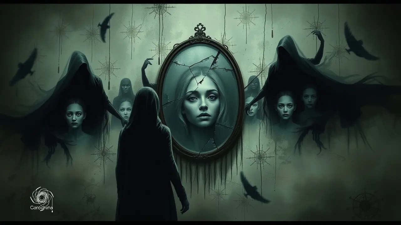 Sonhar com Feio: Descubra os Significados Ocultos Reflexo distorcido em um espelho quebrado, simbolizando sonhar com feio.