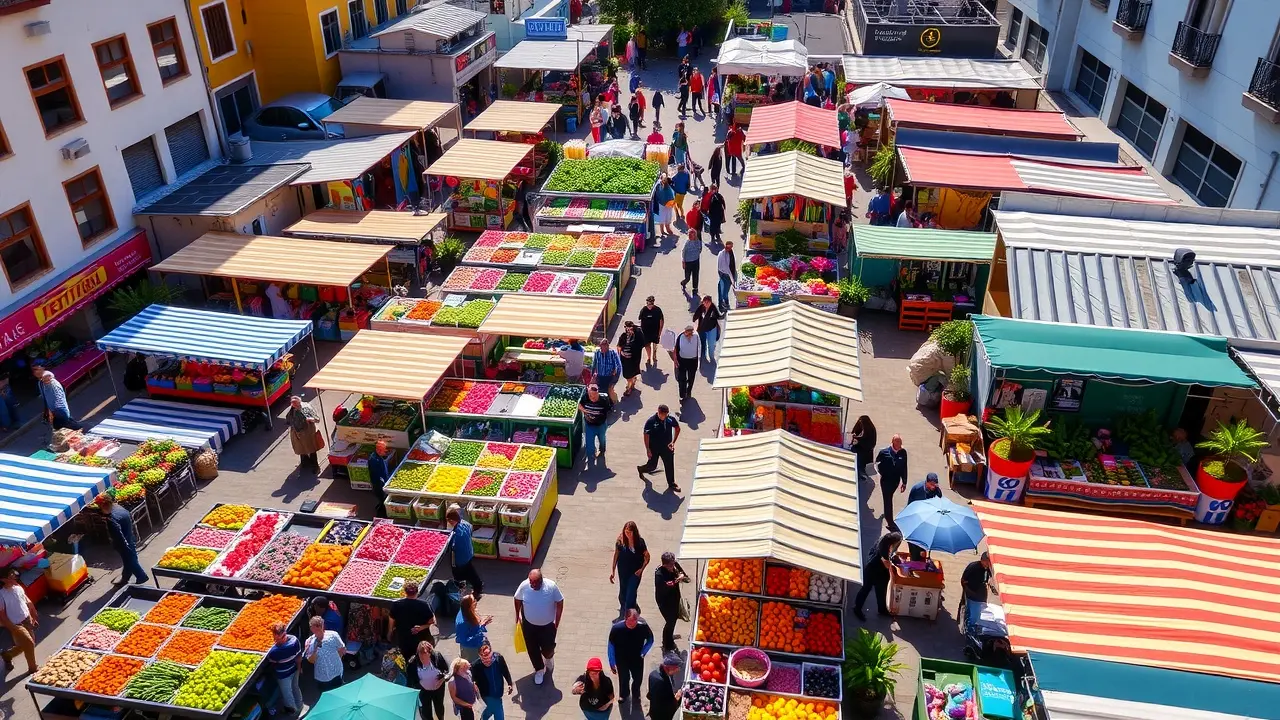 Vista aérea de uma feira movimentada