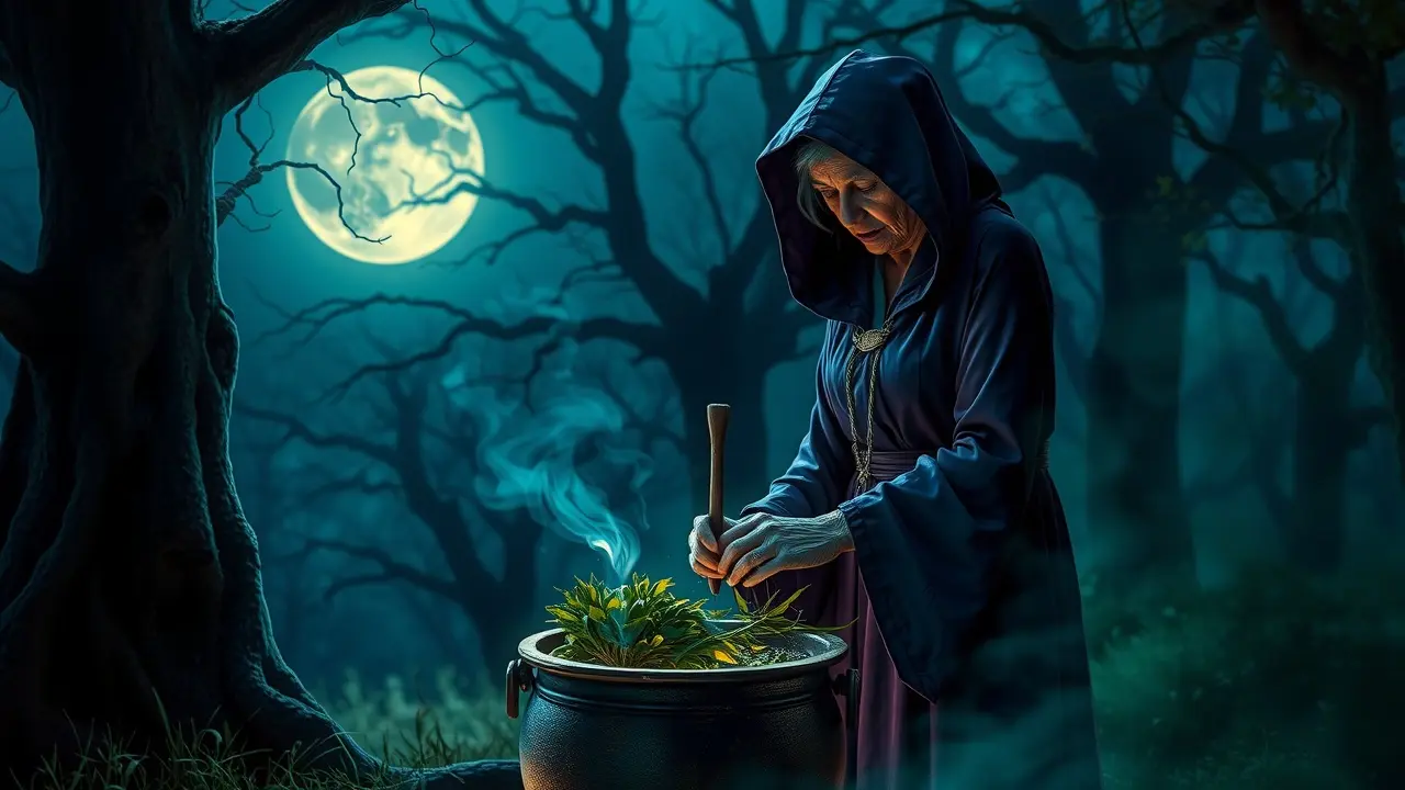 Sonhar com Feiticeira: Desvende os Significados e Mistérios Mulher misteriosa preparando poção em floresta escura