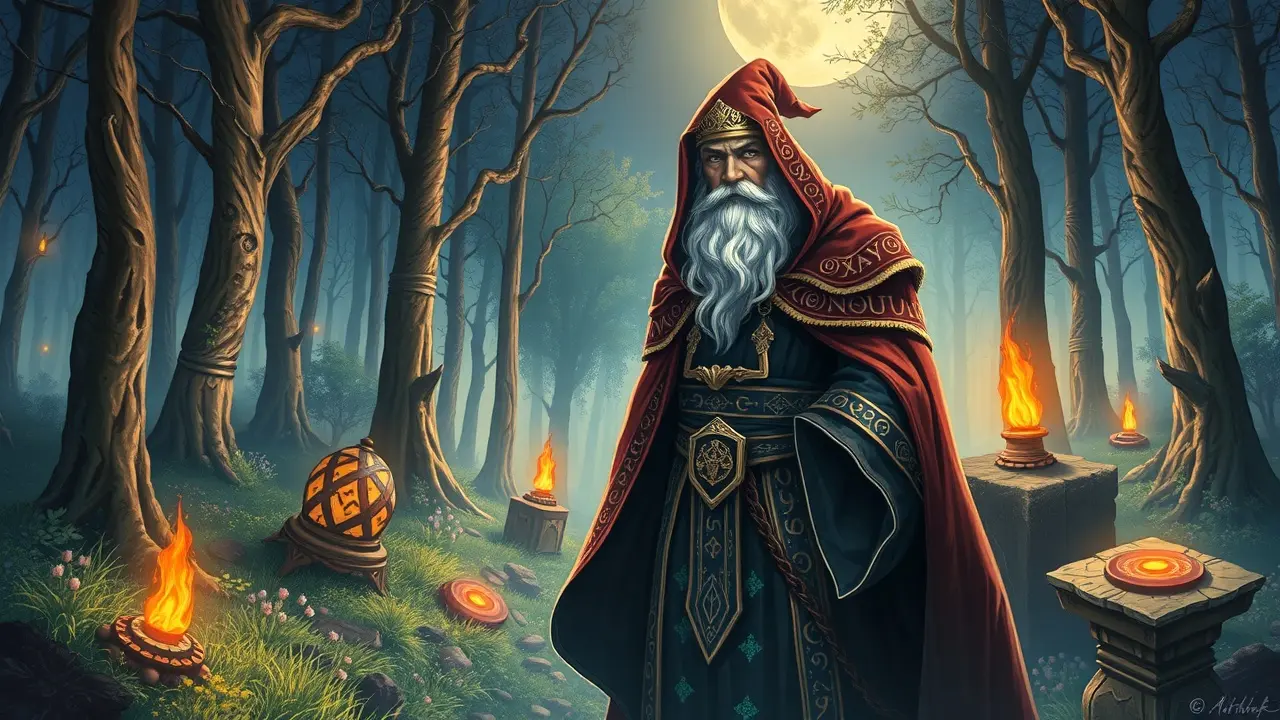 Um mago místico na floresta