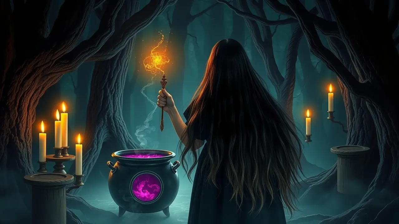 Mulher praticando feitiçaria em floresta mística