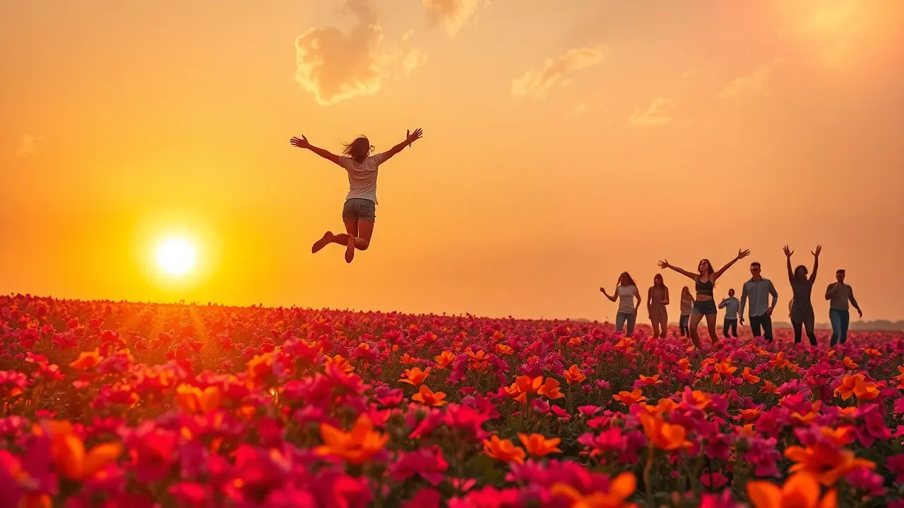 Sonho com felicidade: campo florido e pessoas felizes.