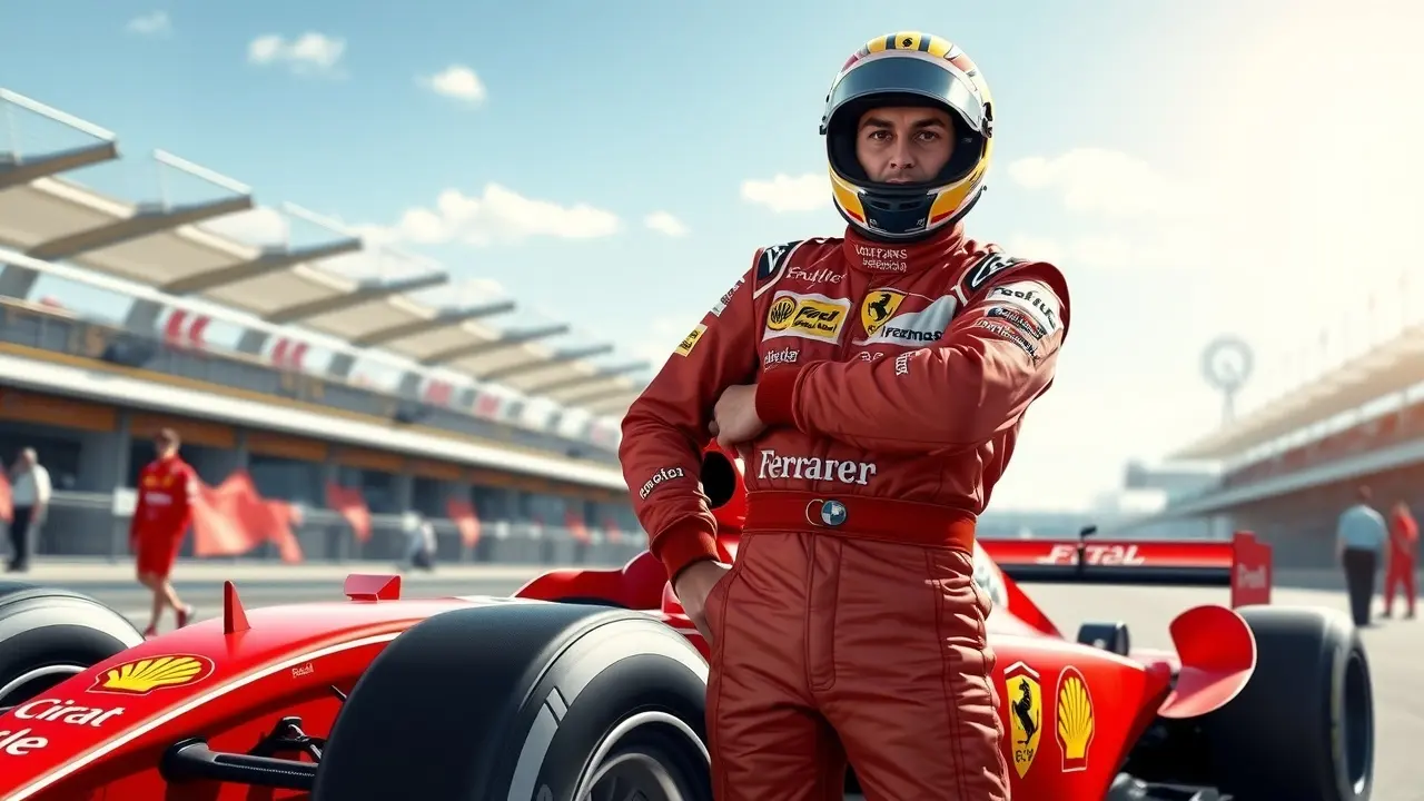 Felipe Massa ao lado de sua Ferrari, sorrindo.