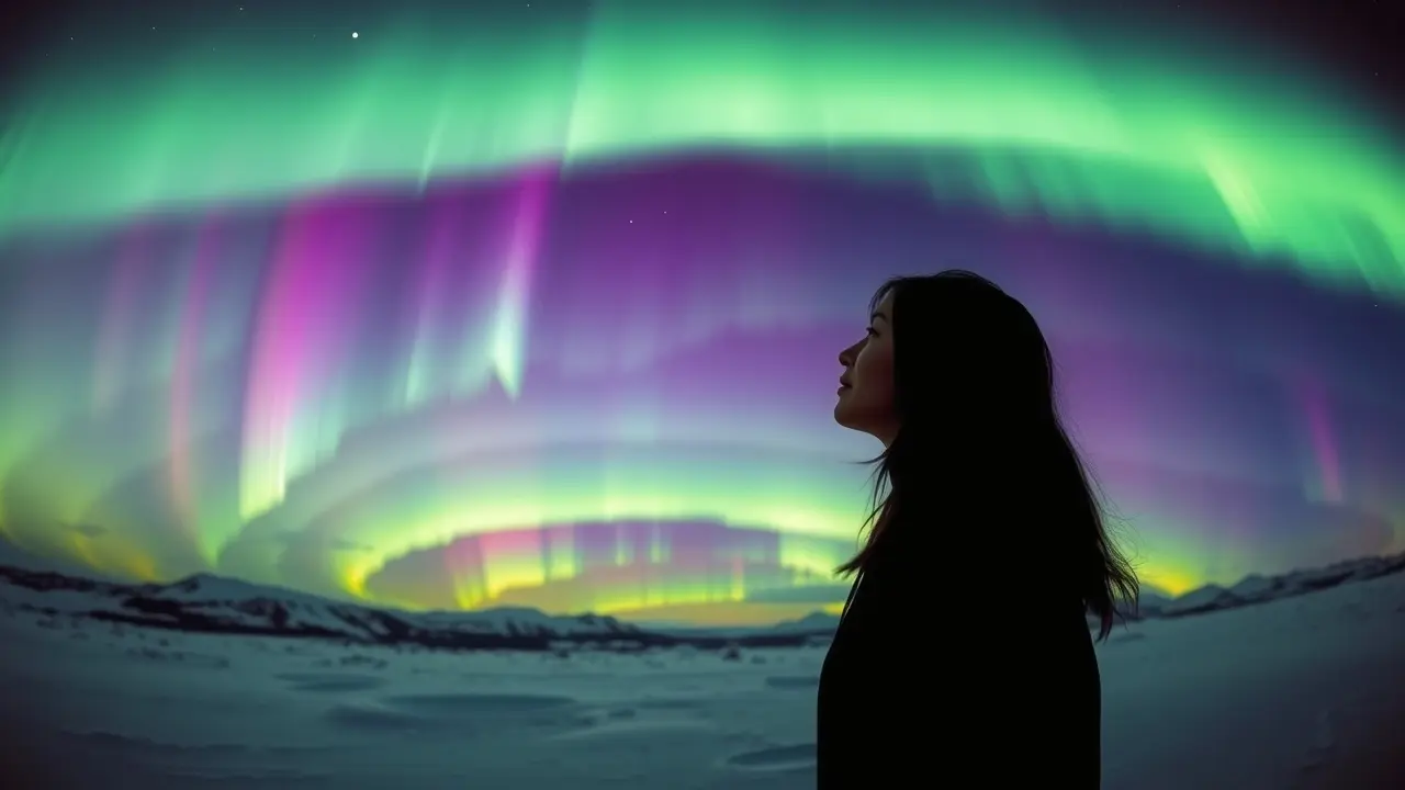 Mulher admirando aurora boreal em sonho.