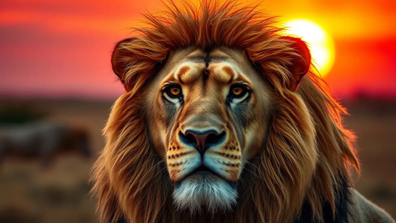 Leão com olhar intenso sob o sol poente.