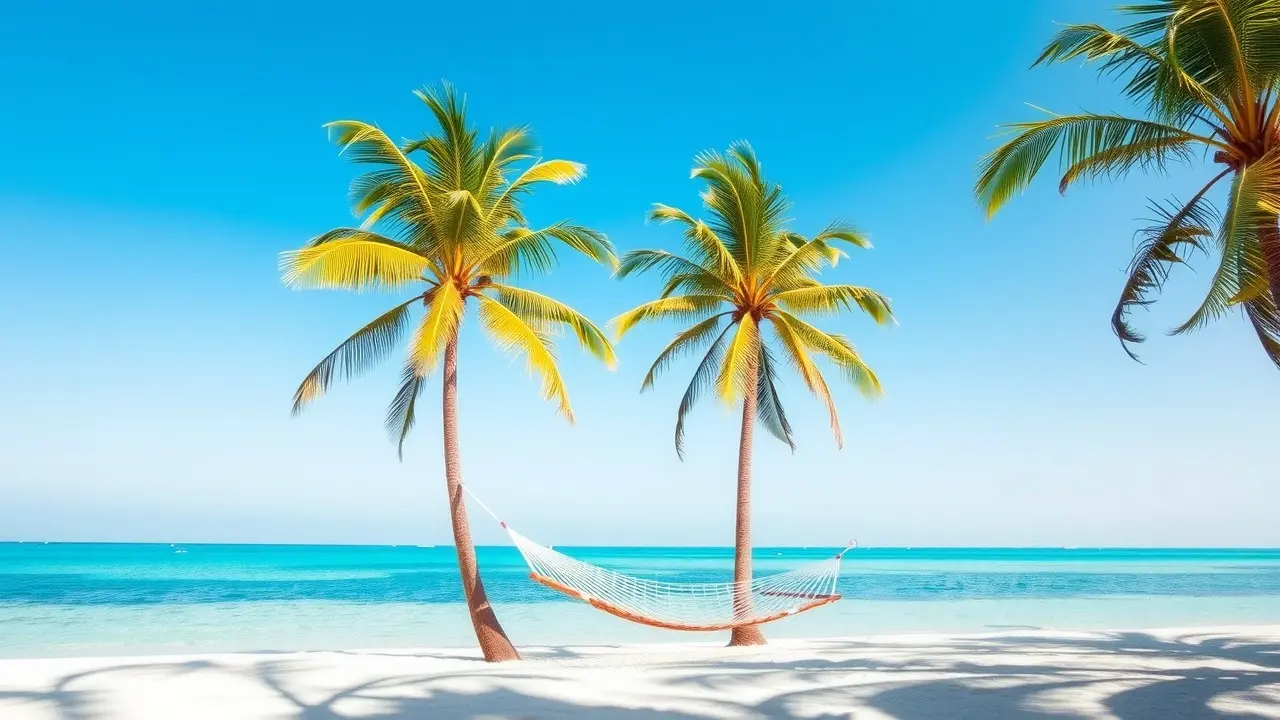 Sonhar com Feriado: Descubra o Significado e as Mensagens Ocultas Ilustração de praia ensolarada com rede, representando sonhar com feriado.