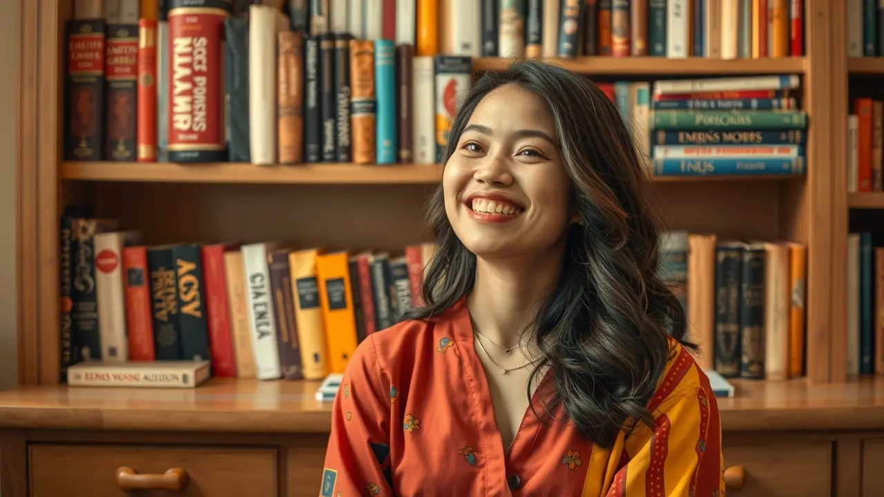 Fernanda Young sorrindo em frente a uma estante de livros