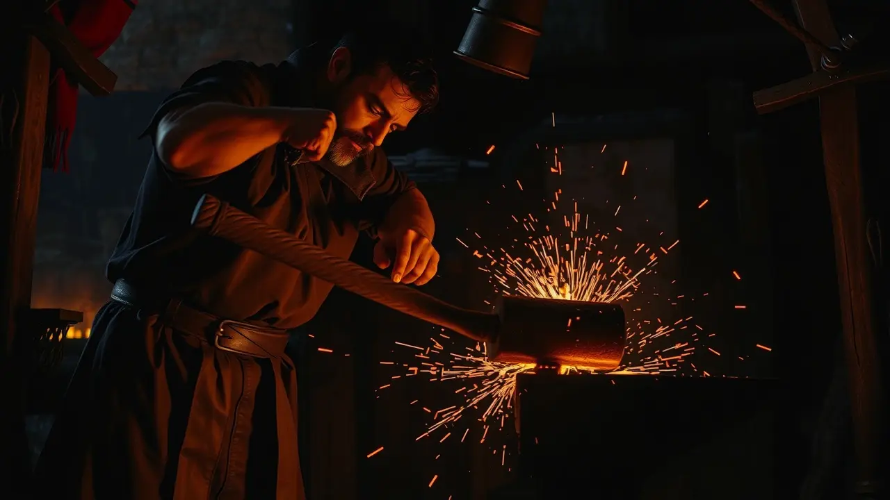 Ferreiro trabalhando com ferro em brasa.