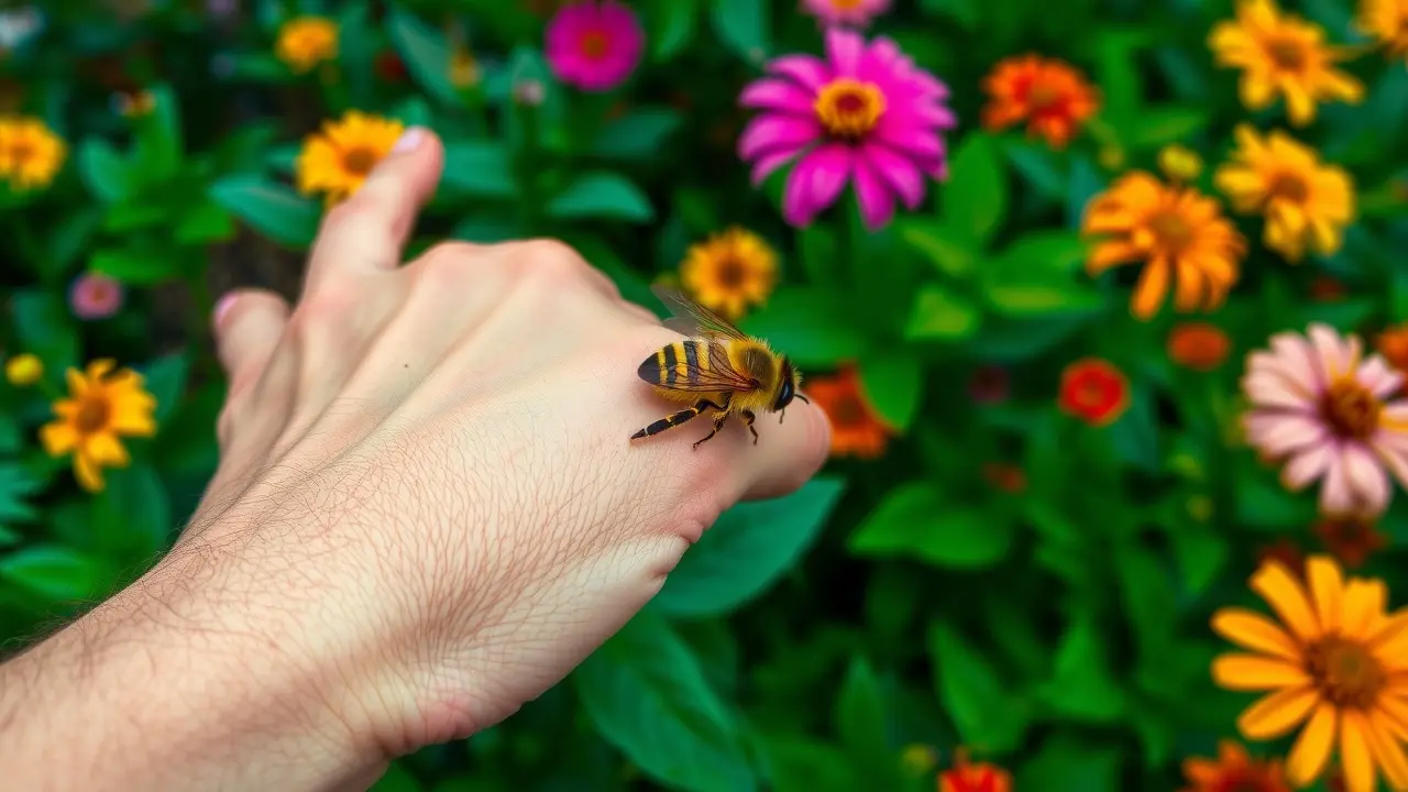 Mão sendo picada por abelha, simbolizando dor e alerta
