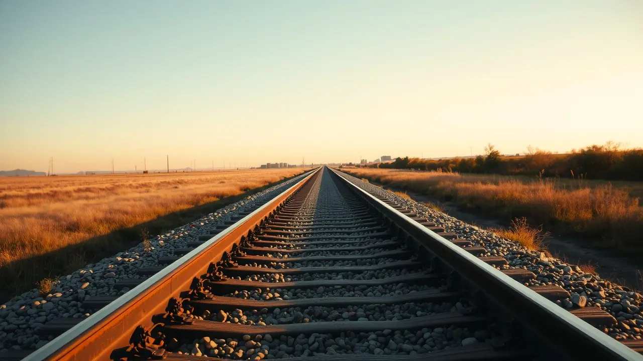 Trilhos de trem se estendendo sob céu azul, representando jornada e destino