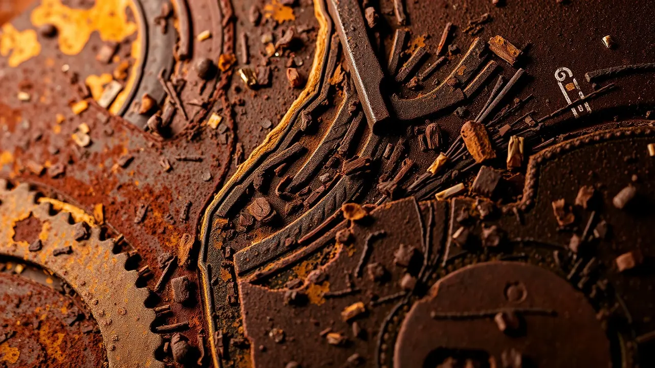 Detalhe em close-up de metal muito enferrujado.