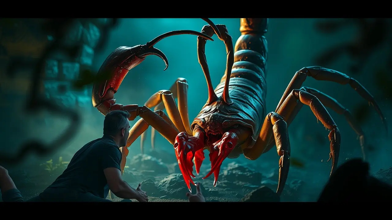 Homem assustado com escorpião venenoso