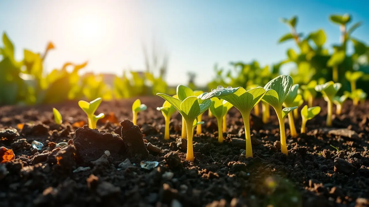 Sonhar com Fertilidade: Desvende os Significados e Simbolismos Terra fértil com brotos verdes germinando sob o sol, representando um novo começo.