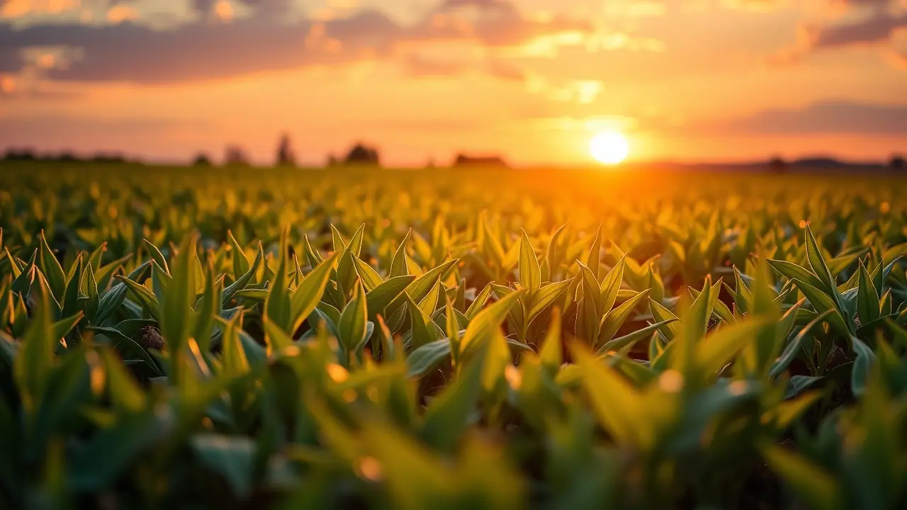 Significado de Sonhar com Fertilização: Desvendando Seus Símbolos Campo fértil ao pôr do sol, simbolizando fertilização e novos começos.