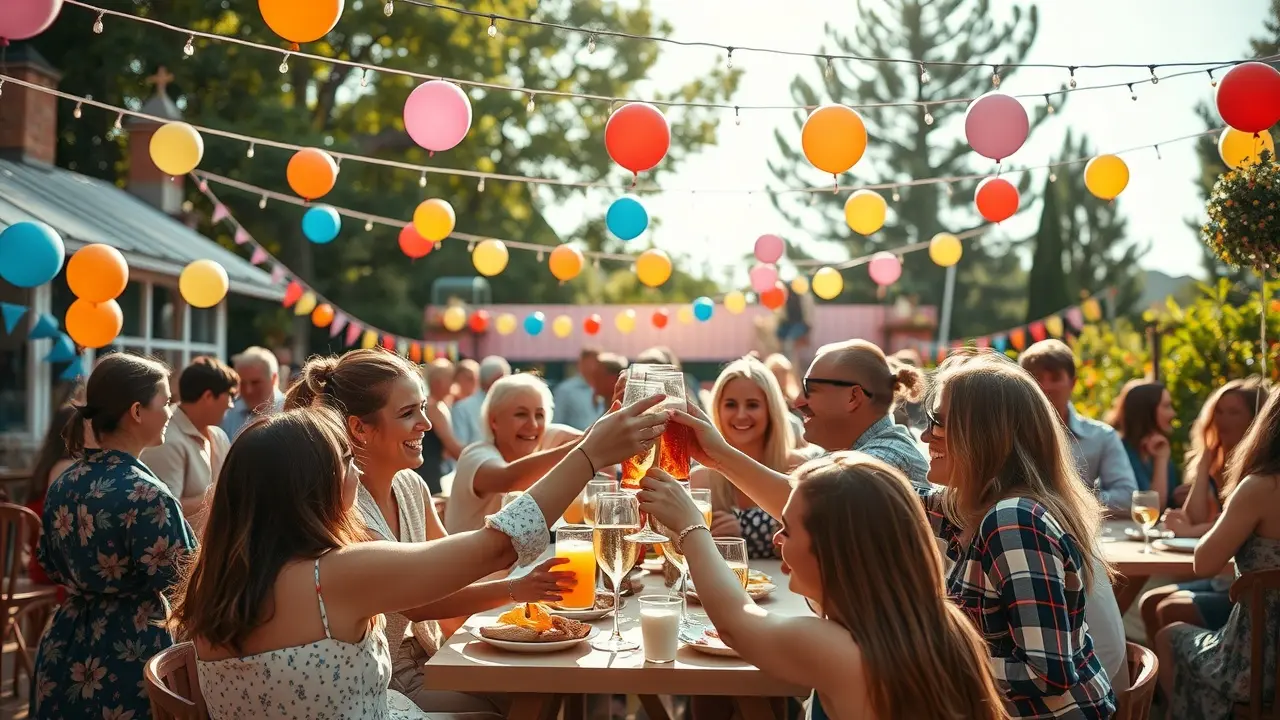 Pessoas celebrando em uma festança ao ar livre.