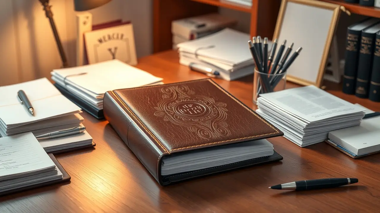 Mesa de escritório organizada com fichário novo.