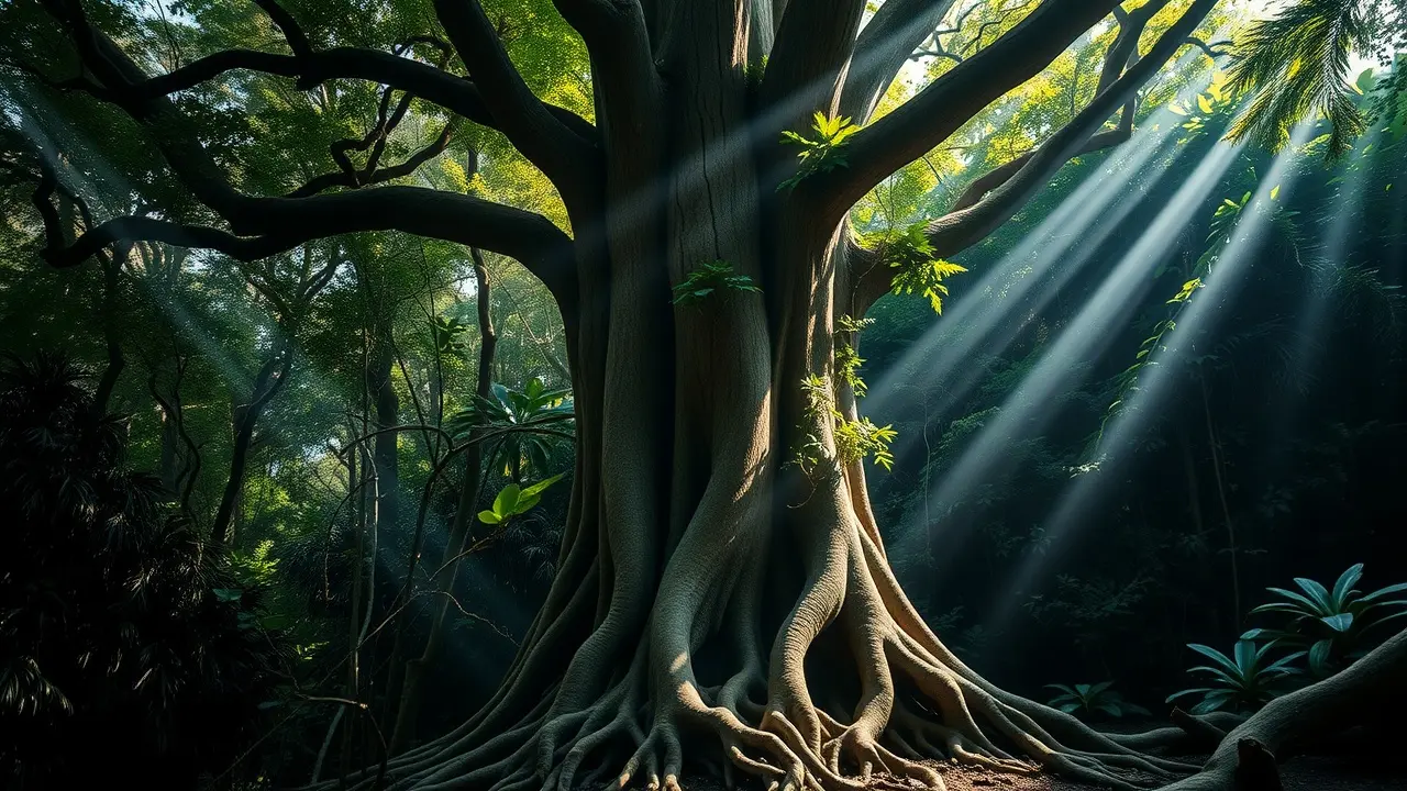Figueira-estranguladora sufocando árvore em floresta escura.