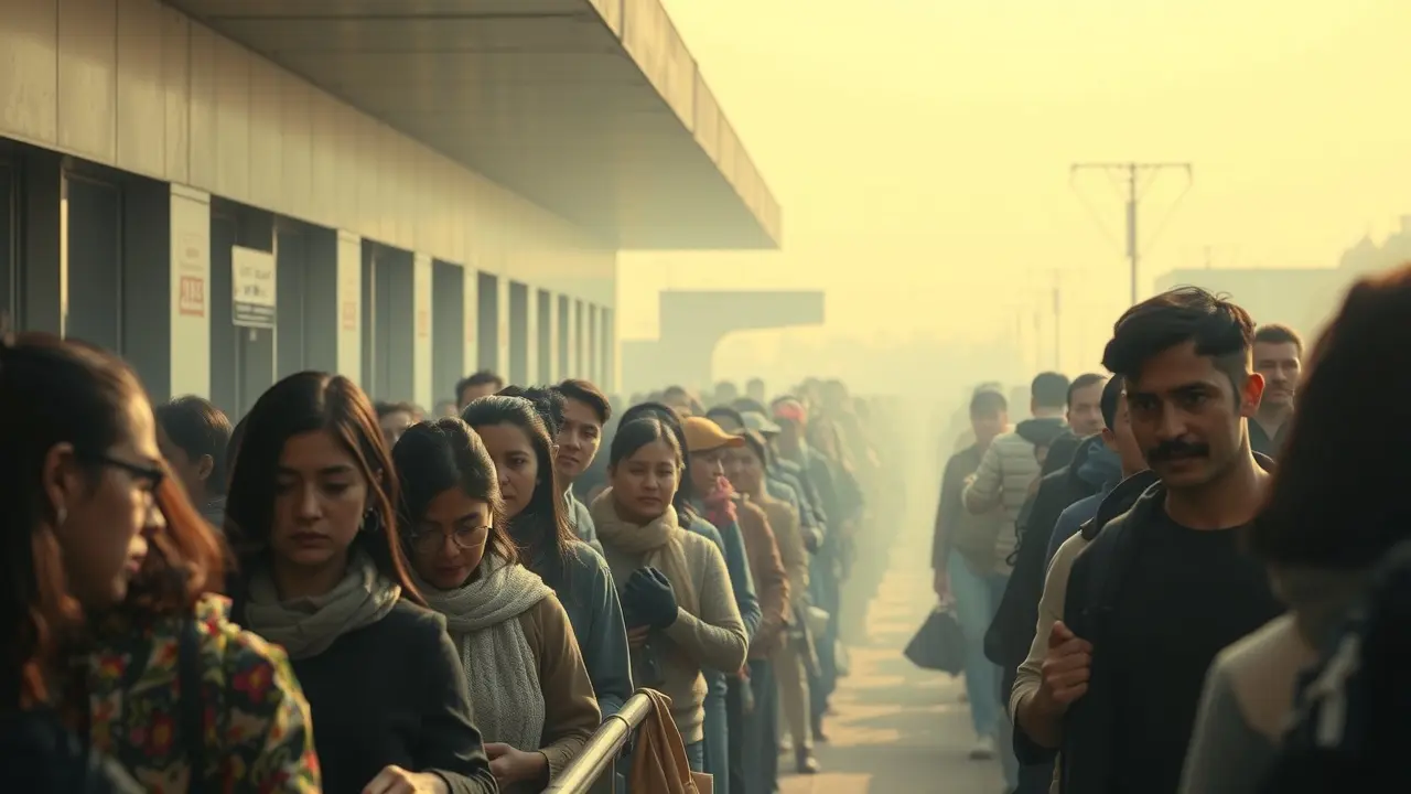 Pessoas esperando em uma longa fila, sonho.