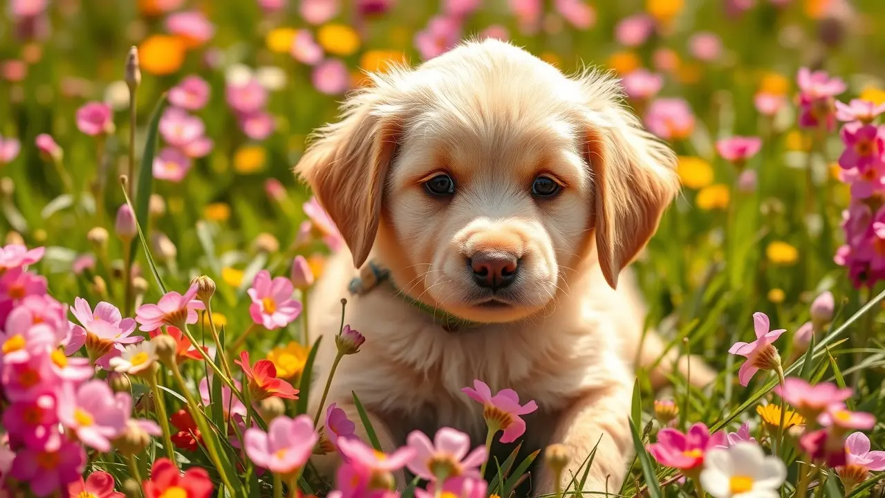 Filhote de Golden Retriever em meio a flores