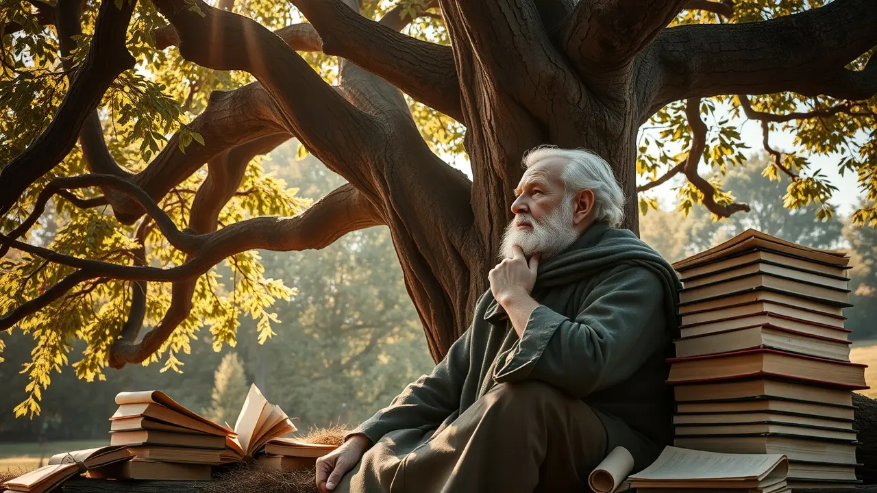 Sonhar com Filósofo: Desvende os Significados Profundos Filósofo pensativo sob uma árvore, simbolizando sabedoria