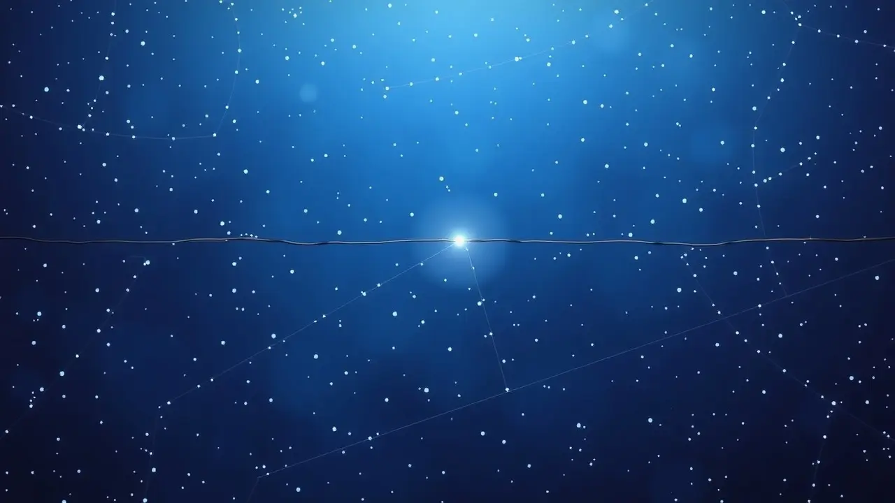 Fio conectando pontos distantes, noite estrelada.