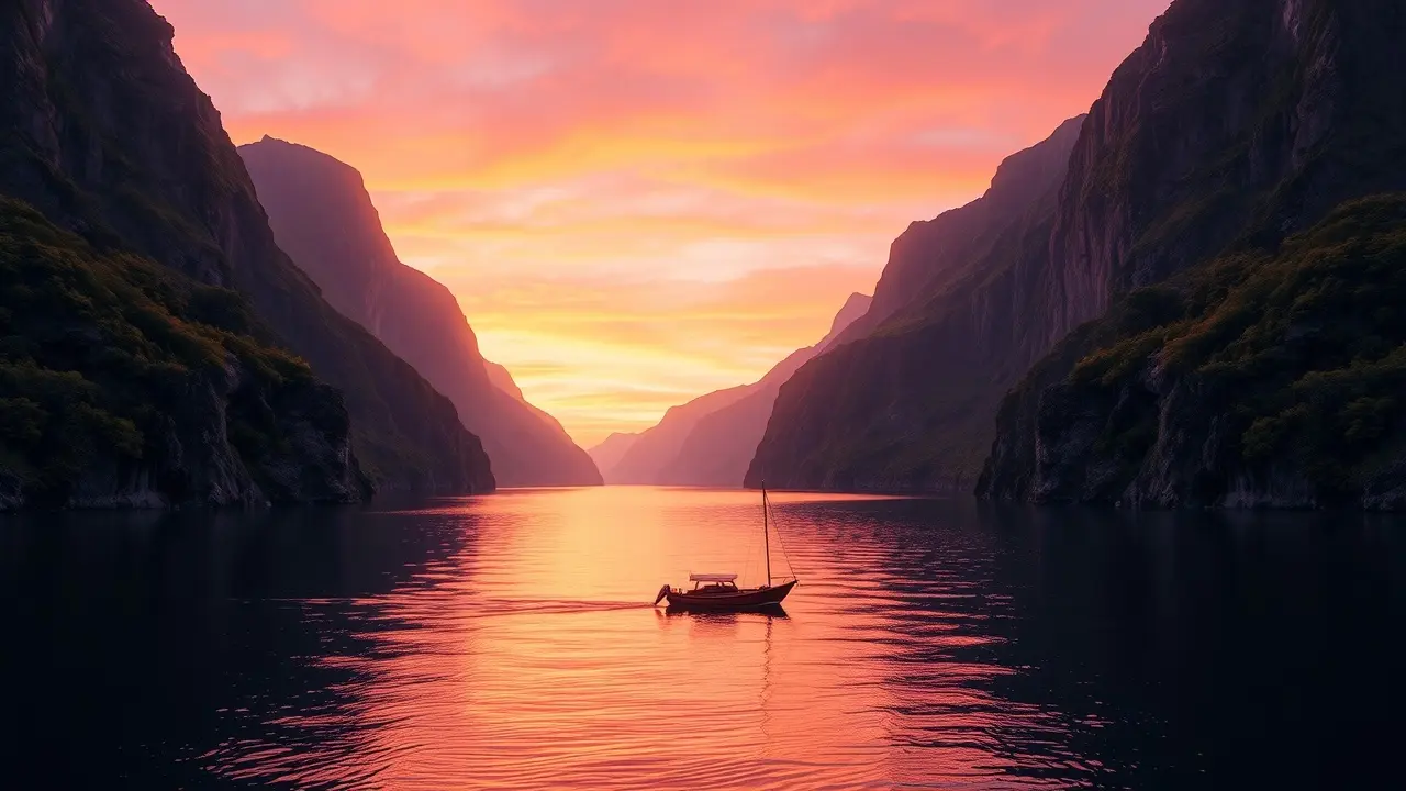 Paisagem serena de um fiorde ao pôr do sol.