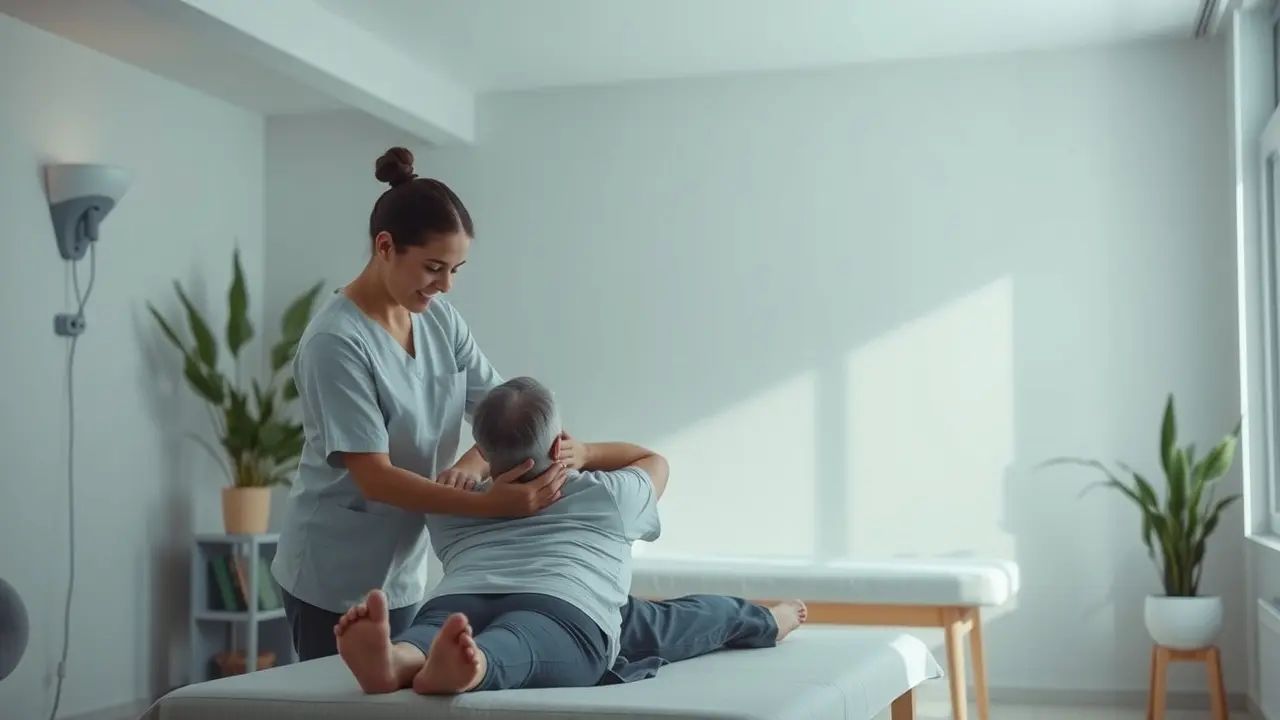 Fisioterapeuta auxiliando paciente em clínica