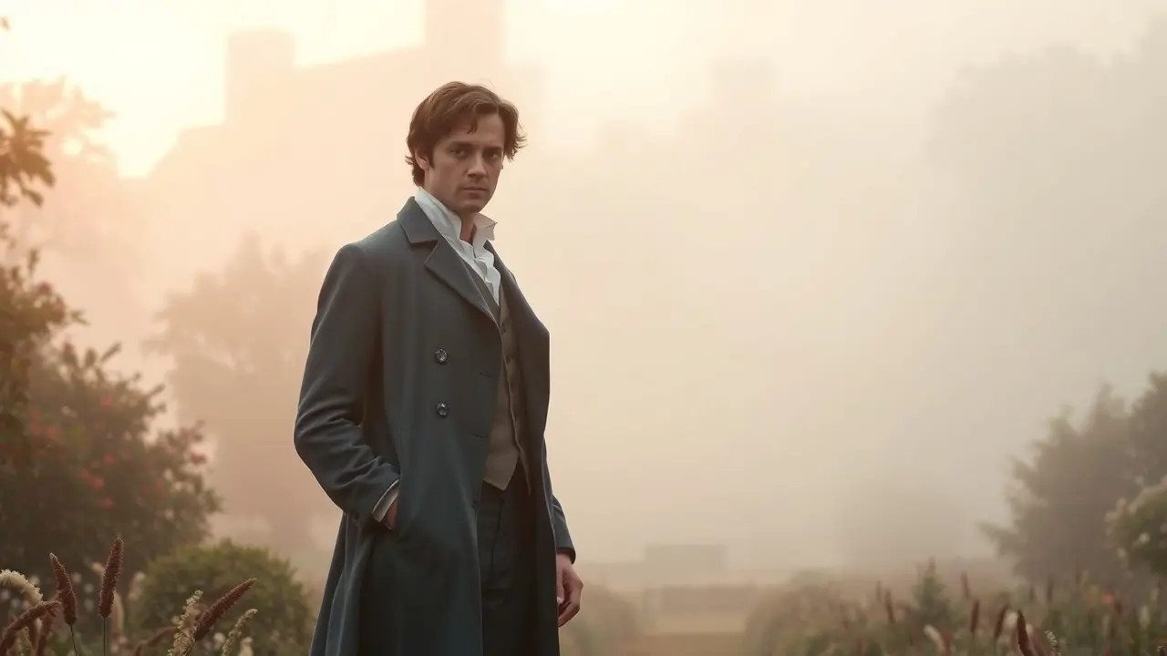 Sonhar com Fitzwilliam Darcy: Decifre os Significados Ocultos Homem misterioso em jardim neblinoso: Sonhar com Fitzwilliam Darcy