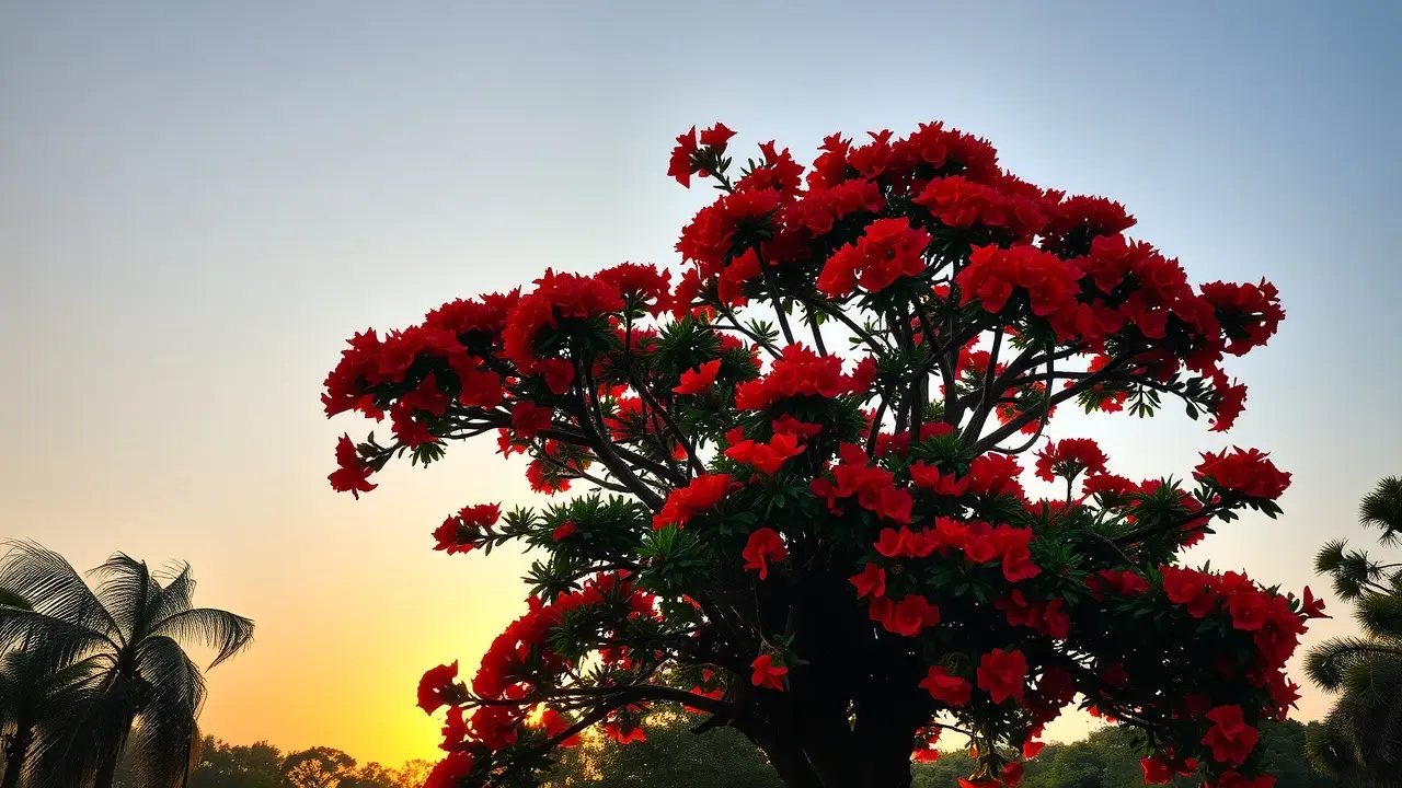 Flamboyant em flor, cores vibrantes.