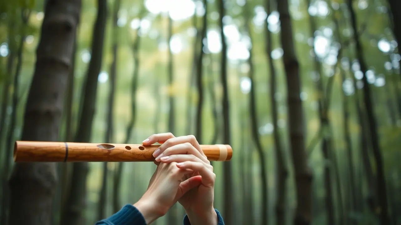Pessoa tocando flauta de madeira na floresta.
