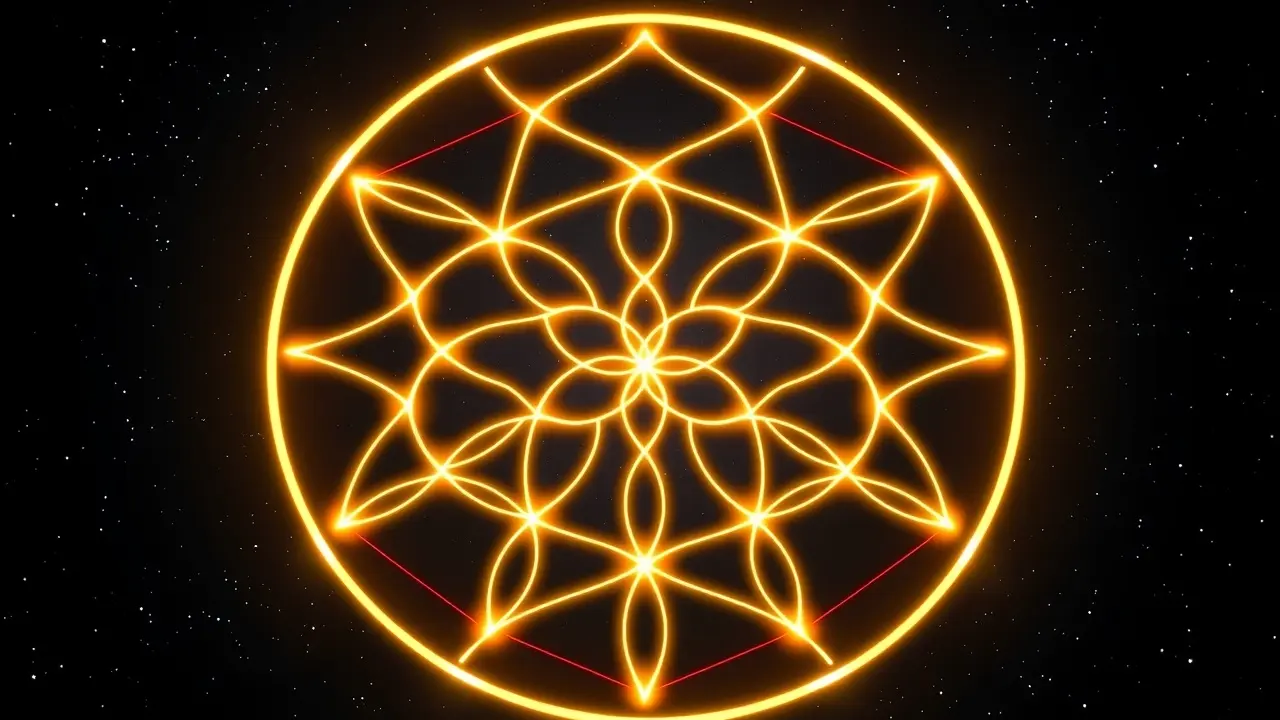 Desenho da Flor da Vida com luz dourada.