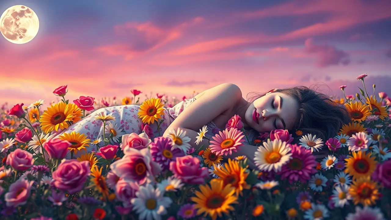 Significado de Sonhar com Flora: Desvende os Segredos da Natureza Onírica Mulher sonhando em campo florido.