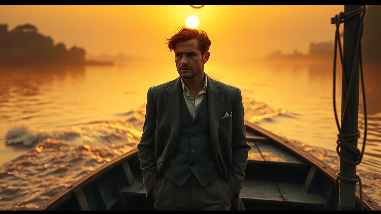 Sonhar com Florentino Ariza: Descubra o Significado Profundo Homem em barco ao pôr do sol, sonhando com amor.