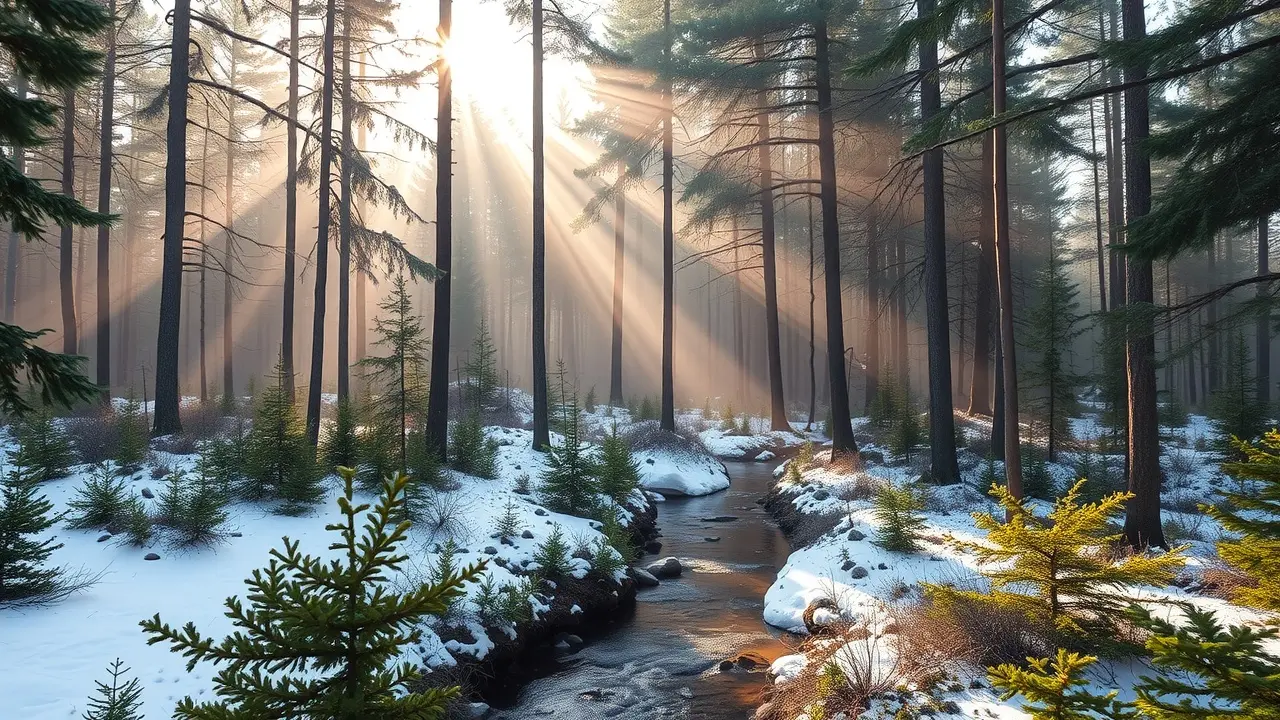 Floresta boreal tranquila com névoa matinal.