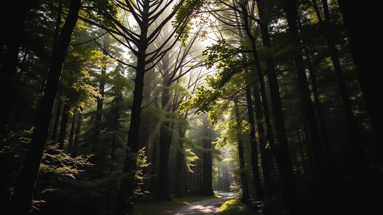 Floresta exuberante com caminho iluminado pelo sol