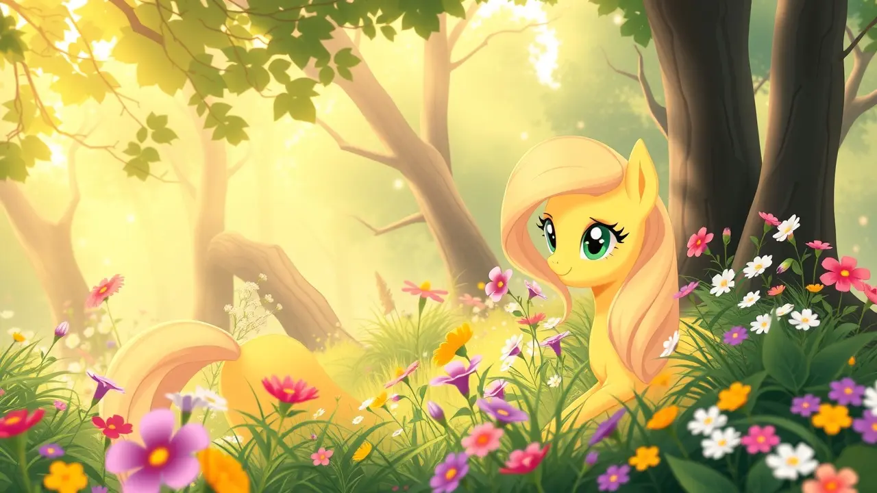 Sonhar com Fluttershy: Descubra o Significado e as Mensagens Ocultas Fluttershy em uma floresta exuberante e colorida