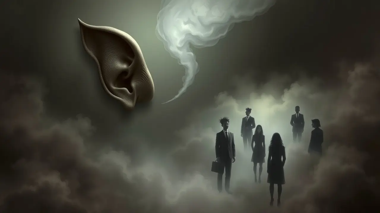 Ilustração de orelhas gigantes ouvindo sussurros sombrios, representando o medo da fofoca.