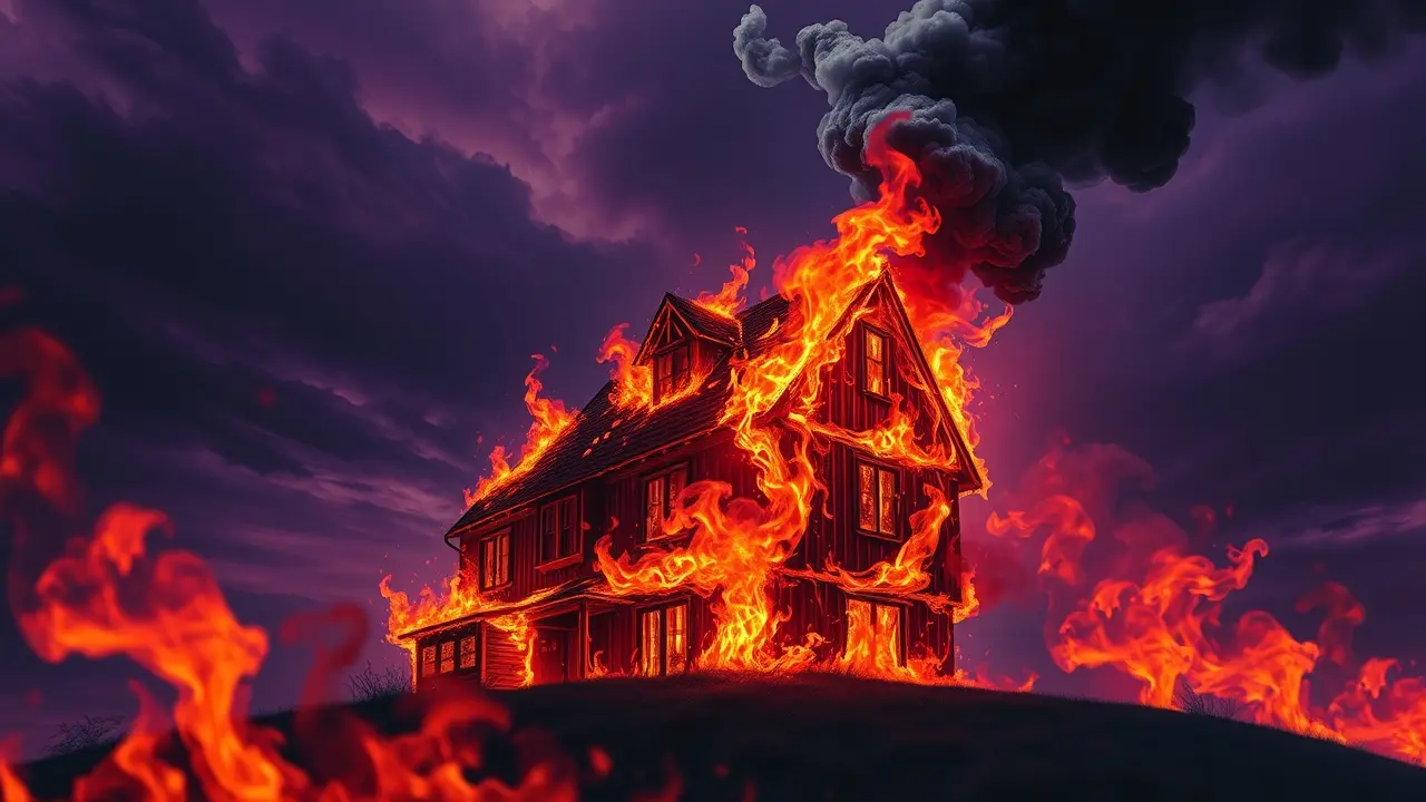Casa em chamas representando sonhar com fogo