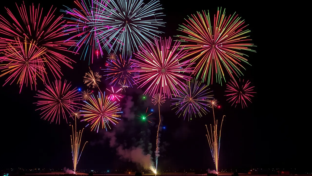 Sonhar com Fogos: Descubra os Significados Ocultos! Show de fogos de artifício colorido no céu noturno.
