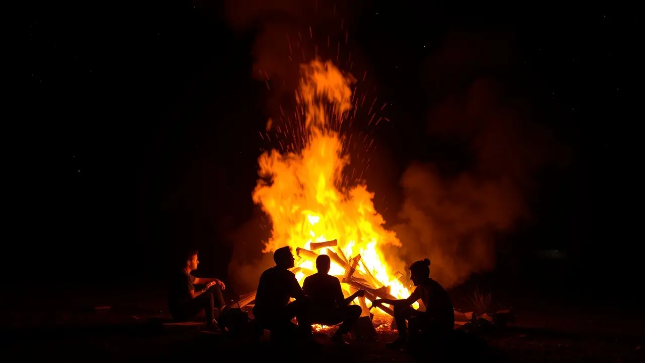 Fogueira crepitante sob o céu estrelado