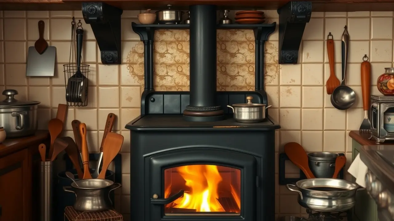 Fogão a lenha em cozinha aconchegante