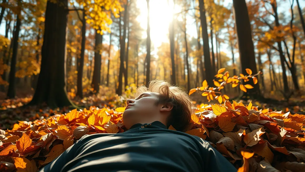 Pessoa dormindo em uma floresta com folhas caindo