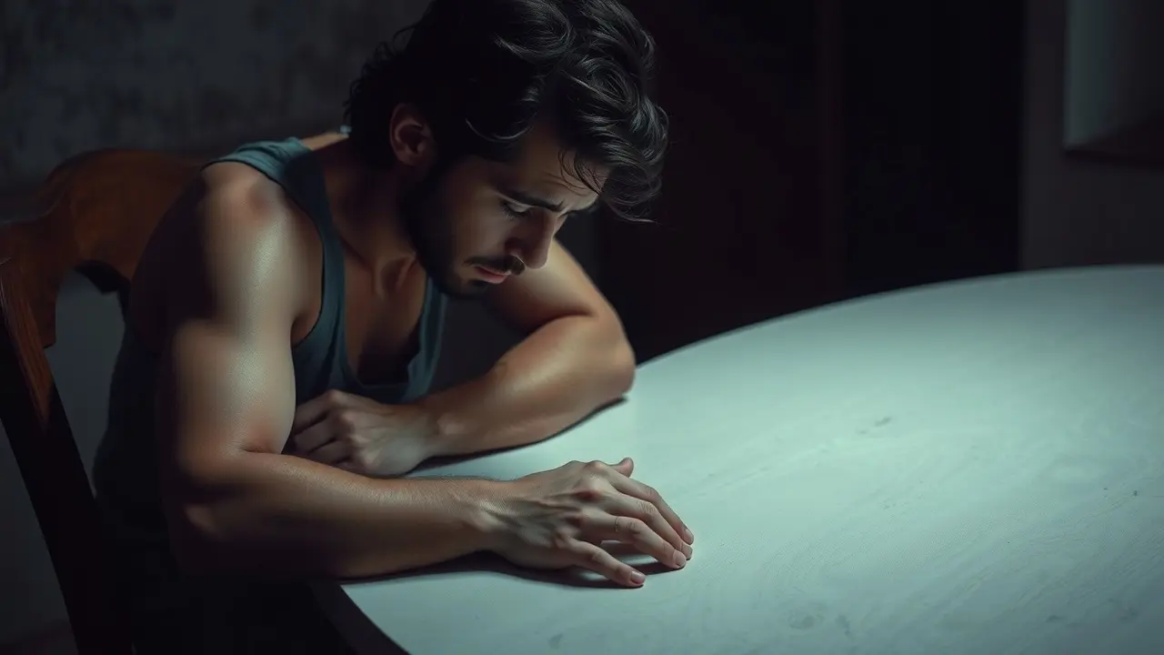 Sonhar com Fome: Descubra os Significados Ocultos Pessoa sentada à mesa vazia com expressão triste.