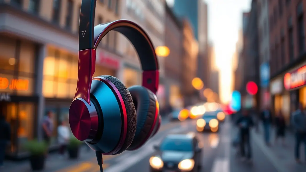 Fone de ouvido moderno colorido em ambiente urbano