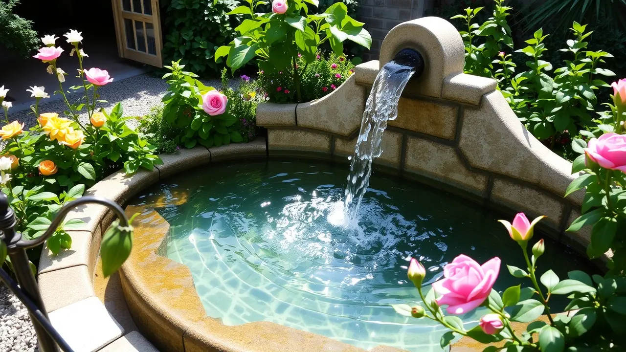 Fonte de água cristalina em jardim