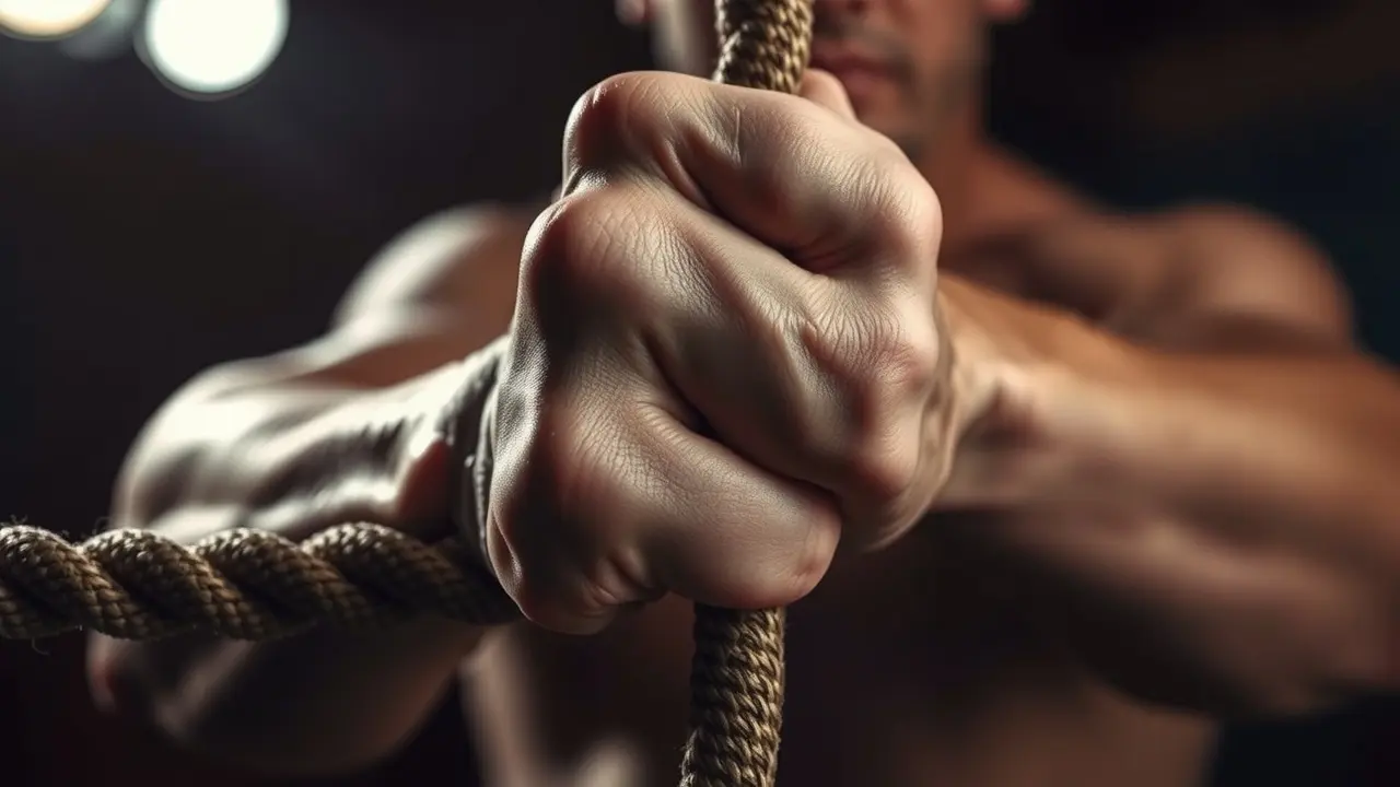 Mão forte segurando uma corda.