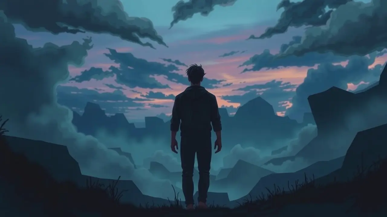 Significado de Sonhar com Forfeda: Uma Análise Detalhada Homem sombrio em paisagem onírica, vulnerabilidade.