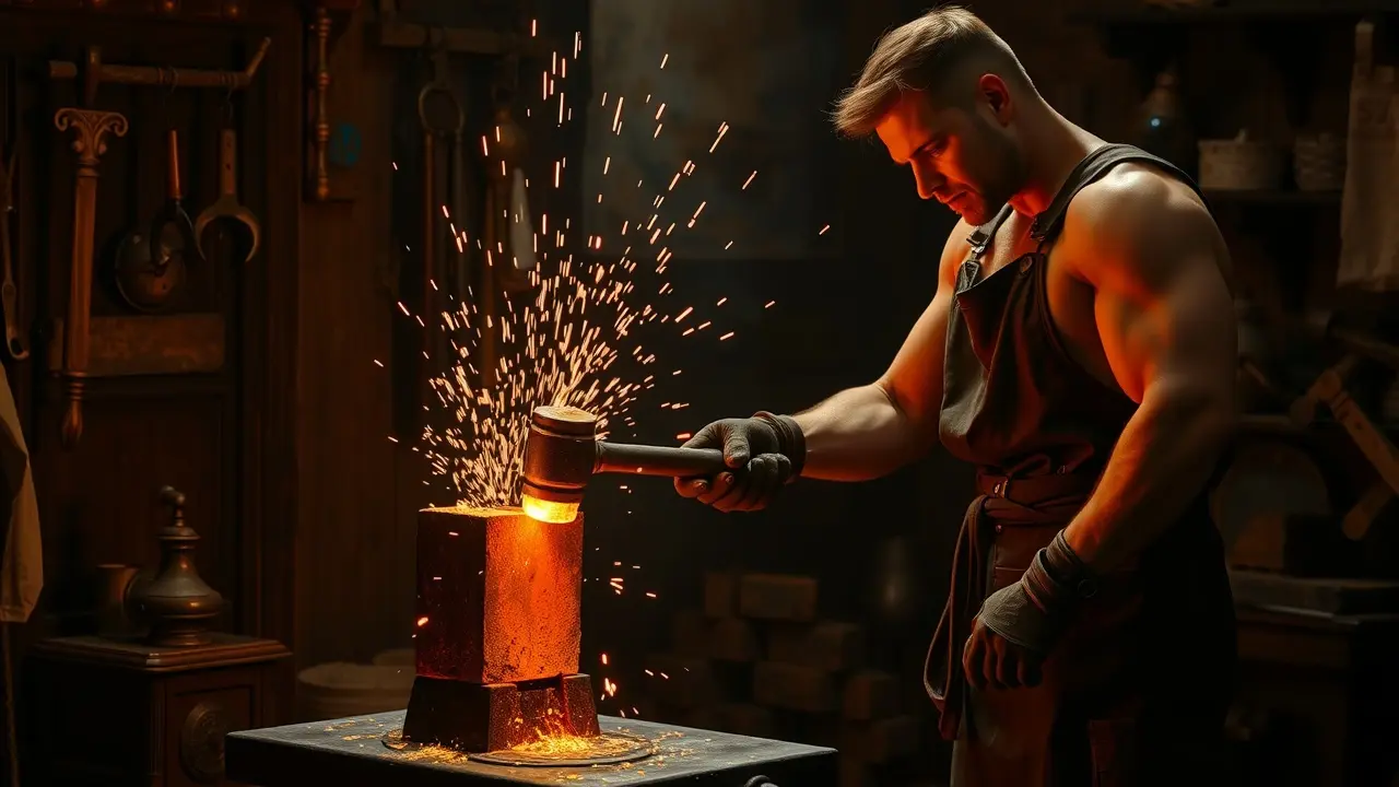 Ferreiro trabalhando em forja iluminada, faíscas voando.