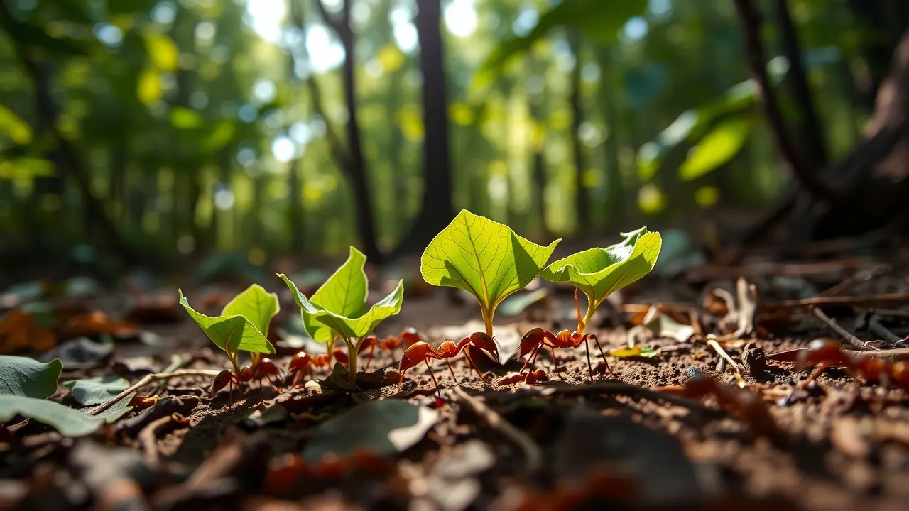 Formigas-cortadeiras carregando folhas na floresta