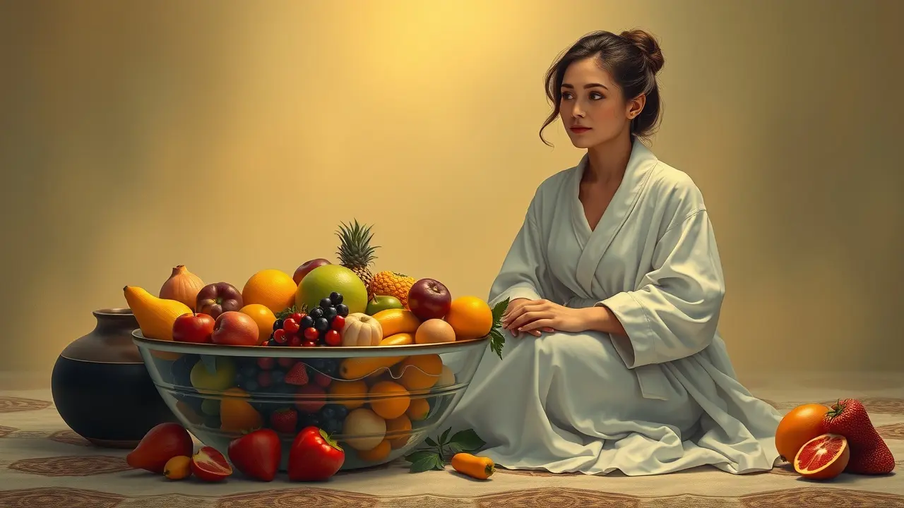 Significado de Sonhar com Fornecimento: Desvendando os Símbolos Oníricos Sonho com abundância: mulher e frutas frescas.